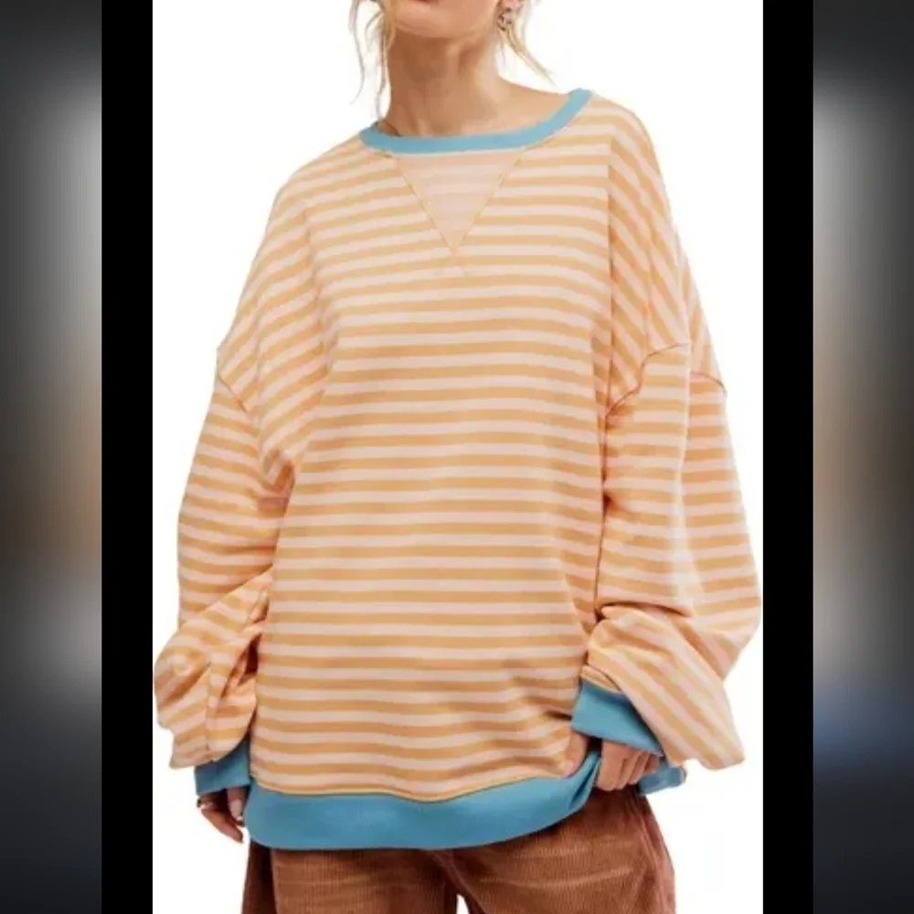 Free People Classic Striped Oversized Crewneck Sweatshirt  Sweater NEW! - Picture 2 of 6